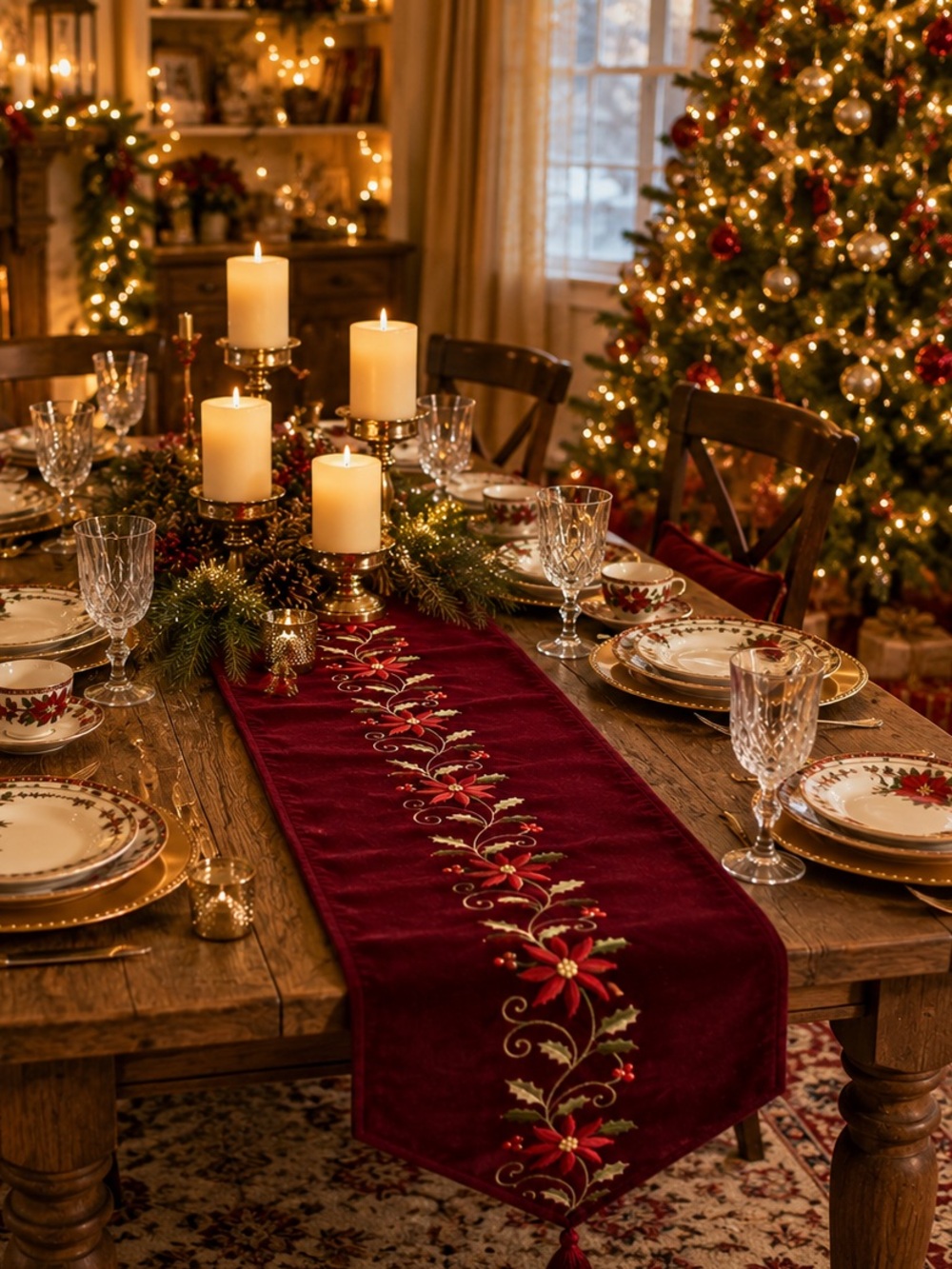 Inspired Treasure Burgundy Red Poinsettia Table Runner